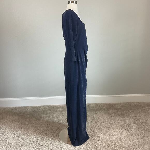 Adrianna Papell Long Sleeved Evening Gown Blue Metallic Size 8 Thigh Slit Formal - Picture 3 of 13